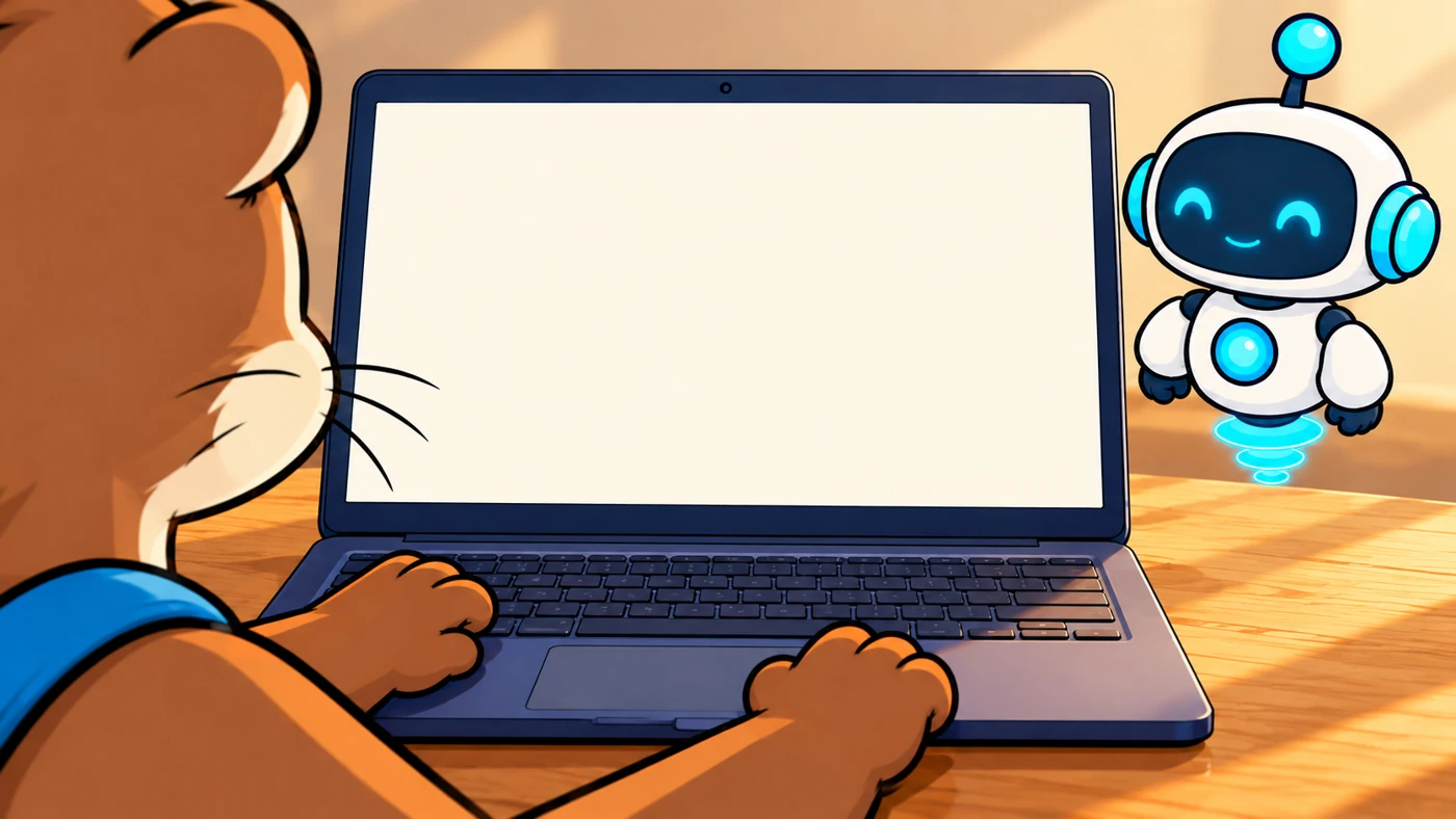 Pip at his laptop, with Nagi beside him